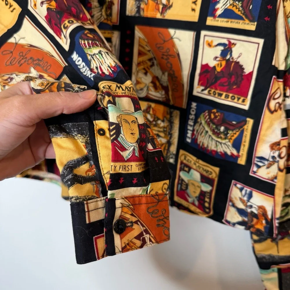 Vintage Made in USA 100% Cotton Cowboy Western Button Down post card print XL - Picture 4 of 7
